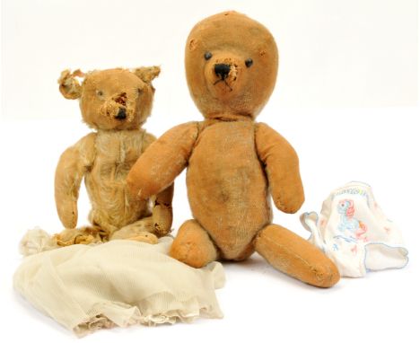 Pair of vintage mohair teddy bears, includes: (1) Chad Valley golden mohair, missing eyes, remains of nose stitching, fully j