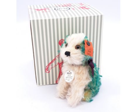 Steiff Molly Dog replica, white tag 403439, LE 1927, green and white mohair, chest tag, within Excellent box, trade carton, E