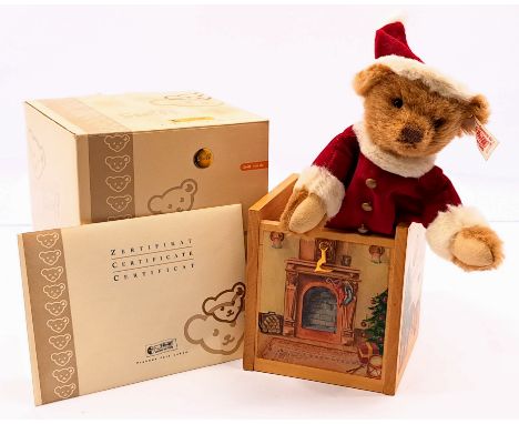 Steiff Jack in the Box Santa Teddy Bear, white tag 038419, brown alpaca teddy in red and white velour teddy costume within wo