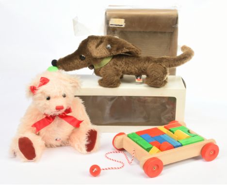 Mutzli (Switzerland) teddy bear and dachshund dog pair: (1) Mutzli pink mohair vintage teddy bear, metal button to chest and 