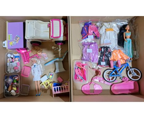 Mattel Barbie accessories including: Jeep, Bike, shopping trolley and counter; plus Disney Jasmine doll and a range of Disney