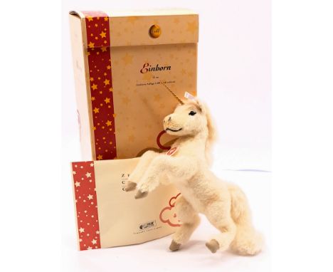 Steiff Unicorn, white tag 038174, LE 1500, alpaca, celebrating 25 year anniversary, certificate, within Good Plus box, Good P