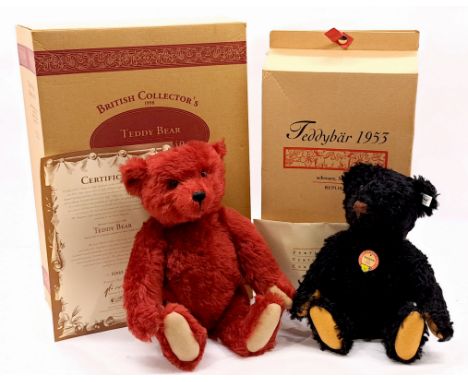 Steiff teddy bear pair including: (1) 1953 replica teddy bear, white tag 408519, LE 3000, mohair, chest tag, certificate, wit