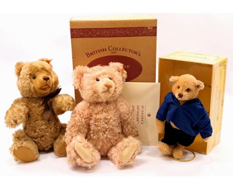 Steiff teddy bear trio including: (1) British Collector's Teddy Rose, white tag 654480, LE 3000, mohair, certificate, within 