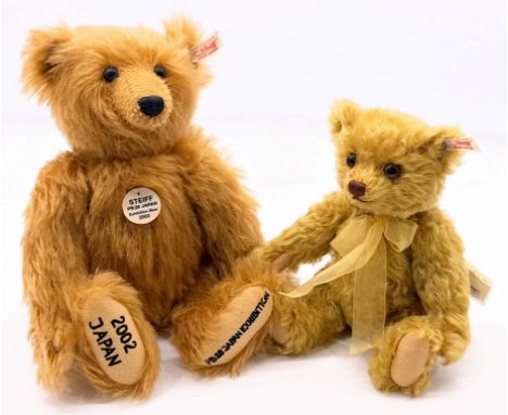 Steiff teddy bear pair including: (1) PB28 Japan Exhibition Bear 2002, exclusive for Japan, white tag 675553, mohair, LE 2002
