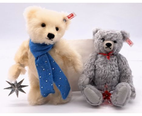 Steiff teddy bear pair including: (1) Swarovski Crystal Poinsettia club edition 2007, white tag 681103, mohair, certificate, 