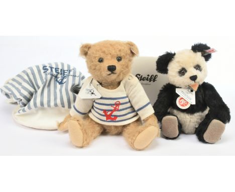 Steiff pair of teddy bears: (1) Will teddy bear, white tag 035807, LE 1500, mohair, with swing label certificate, duffel bag 