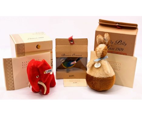 Steiff trio including: (1) Rolly Polly Rabbit 1909 Replica, white tag 402173, LE 3000, mohair, chest tag, certificate, within