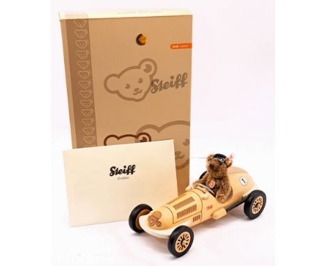 Steiff Classic Teddy Bear with Silver Arrow Mercedes Car, white tag 038358, LE 1500, Certificate, mohair bear, 4.75"/12cm tal