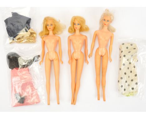 Mattel Barbie three vintage twist 'n' turn dolls, includes pair of "Living Barbie", plus some clothing; Fair to Good; (3).