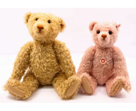 Steiff teddy bear pair including: (1) Gold teddy bear, white tag 038297, mohair, shoe button eyes, 20.5"/52cm; (2) Teddy Bear
