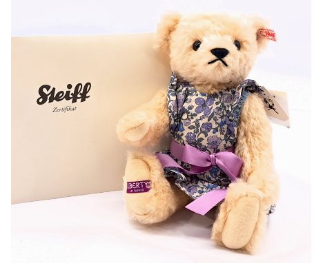Steiff Liberty Violet bear, white tag 677625, LE 1500, cream mohair, wearing violet patterned Liberty print dress, certificat