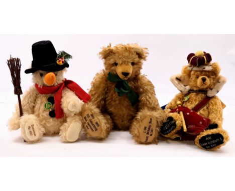 Hermann-Spielwaren teddy bear trio including: (1) Coronation Bear Queen Elizabeth 1953-2003 50 years, LE 1953, mohair, swing 