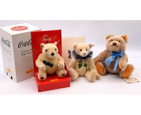 Steiff teddy bear trio including: (1) Coca Cola Polar Bear Cub, white tag 666032, LE 10000, mohair, swing label certificate, 