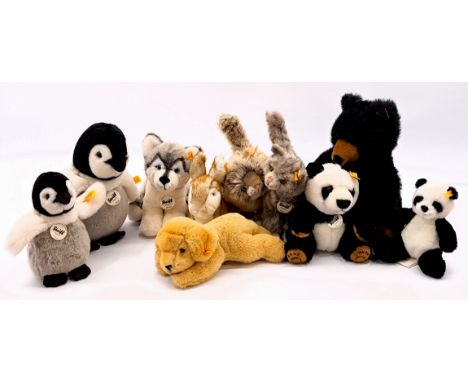 Steiff plush animal group including: yellow tag 057120; yellow tag 057090; yellow tag 674778; yellow tag 280160; yellow tag 6