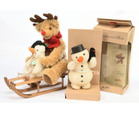 Steiff and Hermann-Spielwaren Christmas pair: (1) Steiff Snowman with Raven, white tag 037962, LE 3000, mohair, Excellent wit