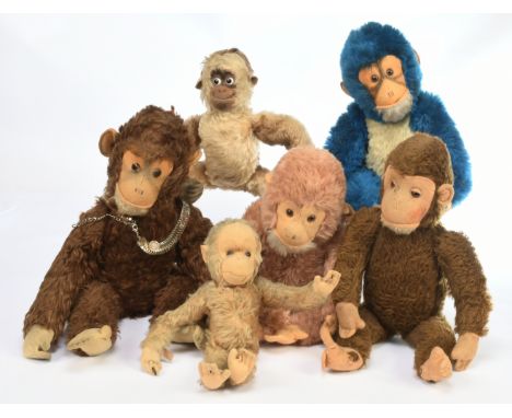 Collection of six vintage monkeys, including Hermann Teddy Original, Schuco Bigo-Bello and others, mohair and plush, Fair Plu
