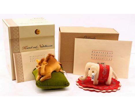 Steiff felt pin cushion pair including: (1) Camel on a Pin Cushion 1904 replica, white tag 420474, certificate, within Good P