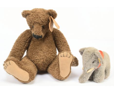 Heartfelt Collectibles teddy bear and Steiff Jumbo elephant pair: (1) Heartfelt Collectibles Claude brown plush teddy bear, d