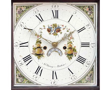 19TH C. MAHOGANY 8-DAY LONGCASE CLOCK, Jno. Barry (Bolton), swan neck pediment with applied brass bosses and central finial, 