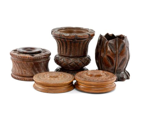 ASSORTED CARVED & ENGINE TURNED TREEN including one containing a poem inscribed on label 'To a Friend', and an inkwell, large