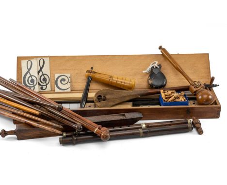 COLLECTION OF MUSICAL TREEN, including conducting batons, drumsticks, fifes, tonic solfa pitch pipe, boxed music teaching aid