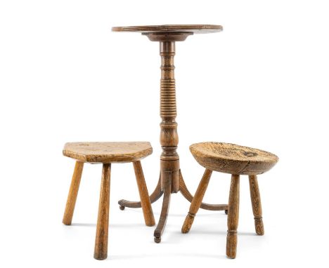 TWO STOOLS & TRIPOD TABLE, table with ring turned column and splayed legs 71cms h, stools with circular chamfered seats on th