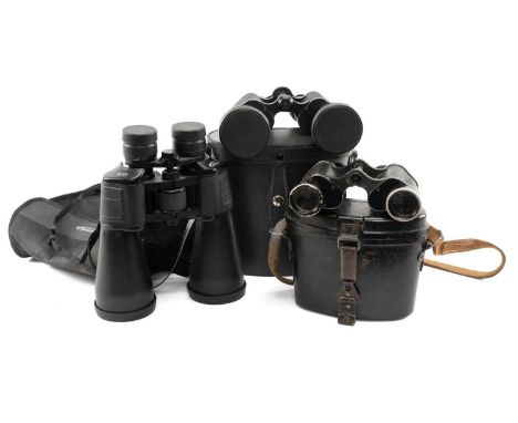 THREE PAIRS BINOCULARS, including modern Prinzlux 12 x 50 cased binoculars, vintage Bakelite cased German Dienstglas 6 x 30 f