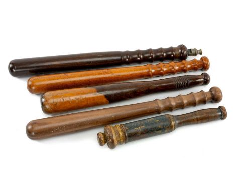 ASSORTED POLICE TRUNCHEONS including A. C. Riome (Gravesend) patent truncheon/police whistle, lignum vitae truncheon, two oth