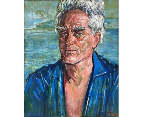 ‡ ANDREW VICARI (Welsh 1932-2016) oil on panel - portrait of designer and architect Uffa Fox, signed, 85 x 70cmsProvenance: p