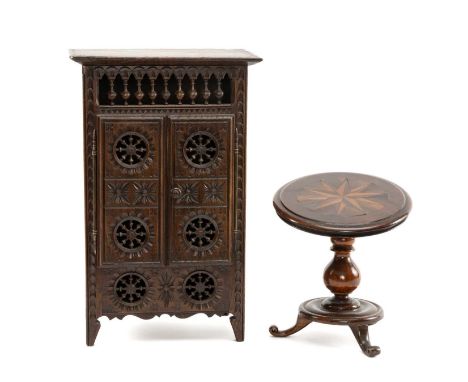 MINIATURE WALNUT MARQUETRY TRIPOD TABLE, with tilt action top 18cms diam, and carved oak food cupboard with spindle doors and
