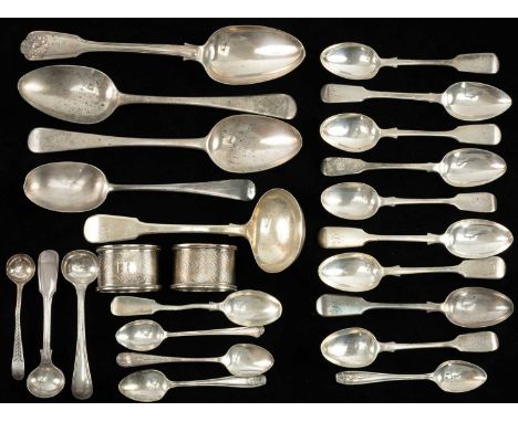 ASSORTED ANTIQUE & LATER SILVER FLATWARE, including pair GIII Old English pattern tablespoons, WIV shell, fiddle and thread p