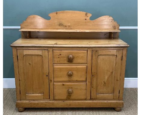 ANTIQUE PINE CHIFFONIER SIDEBOARD, shaped back with single shelf, three central drawers with turned handles flanked by shelve