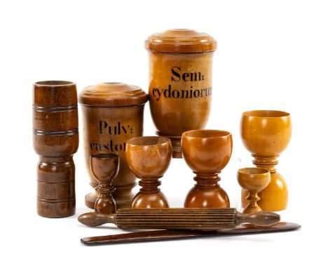 COLLECTION OF APOTHECARY TREEN including, pair of drug containers with nicely lettered labels, double measures, ointment spat