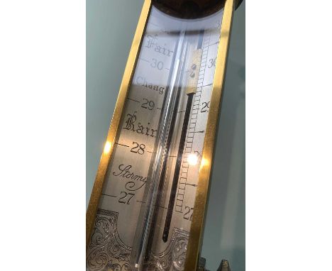 MODERN BRASS & MAHOGANY SHIP'S BAROMETER, Burke & Jones, Bristol, number 166, engraved silvered vernier plate, thermometer, s