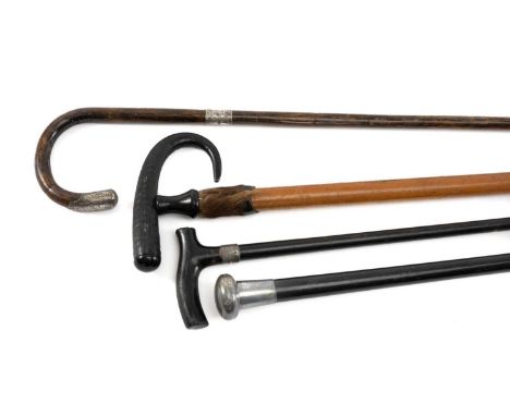 ASSORTED GENTLEMEN'S WALKING CANES, comprising silver mounted Malacca cane, silver mounted ebonised cane, antler and hoof mou