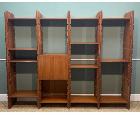 FOUR SECTION MODULAR SHELVING UNIT, teak veneered plywood, adjustable shelves and storage cupboards inc. drinks cabinet, five