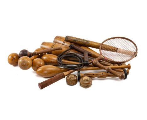 COLLECTION OF EXERCISE TREEN, including dumbbells, Indian clubs, massage balls and foot roller/massager, ash and beech etc. c