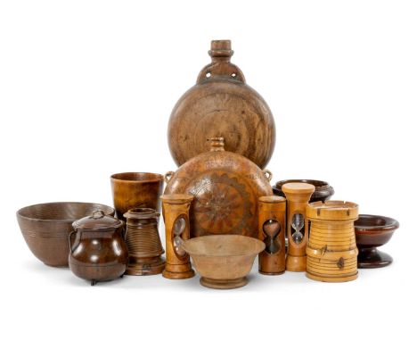 MIXED GROUP OF TREEN including boxwood castle moneybox, three egg timers, olive wood match holder/strike, horn beaker, miniat