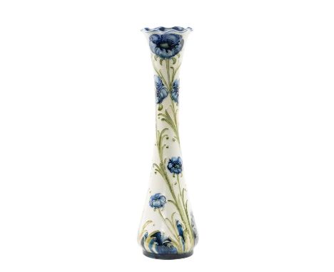 WILLIAM MOORCROFT FOR JAMES MACINTYRE & CO: FLORIAN STEM VASE, with undulating rim, painted with tall stems of poppies in blu