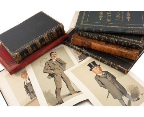 VANITY FAIR PRINTS, loose in two gilt decorated quarter calf leather albums dated 1888 and 1890, another in green gilt decora