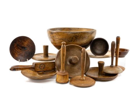 COLLECTION OF KITCHEN TREEN, including dairy bowl, cream skimmers, lemon squeezer, butter boxes, salt dish etc. bowl 35cms di