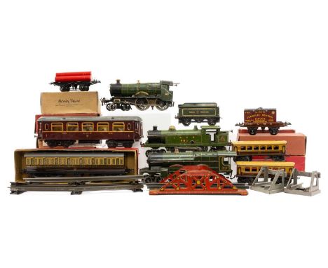 COLLECTION OF 'O' GAUGE CLOCKWORK TRAINS AND ROLLING STOCK, to include, Hornby 'County of Bedford' 3821 4-4-0, 'Caerphilly Ca