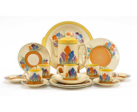 CLARICE CLIFF 'CROCUS' PART COFFEE SET, of Tankard shape, comprising coffee pot, 4 coffee cans, 6 saucers, cream jug, all wit