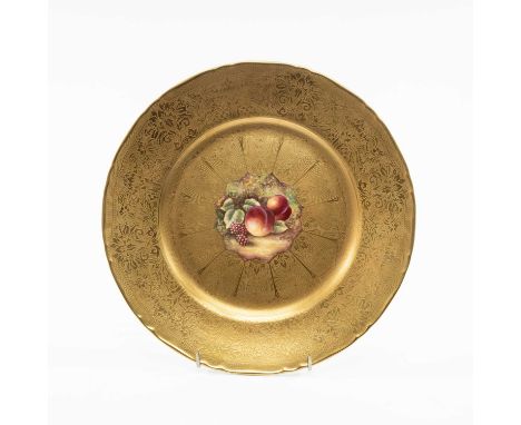 FINE ROYAL WORCESTER CHINA CABINET PLATE, painted by James Skerrett with peaches and blackberries to centre, within richly to