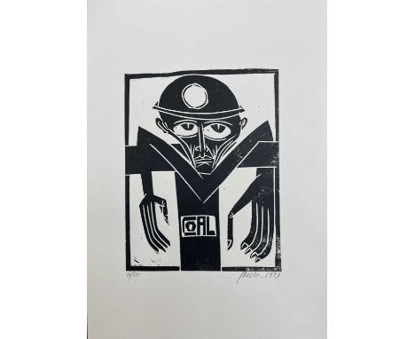 ‡ PAUL PETER PIECH (American, lived / worked Wales 1920-1996) limited edition (6/50) woodcut print - portrait of miner in cru