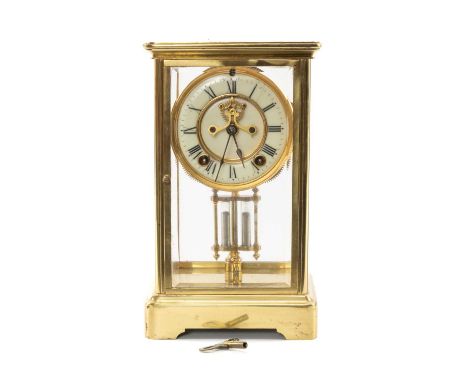 FRENCH GILT BRASS FOUR-GLASS MANTEL CLOCK, white enamel dial with Roman numerals surrounding the visible Brocot escapement, b