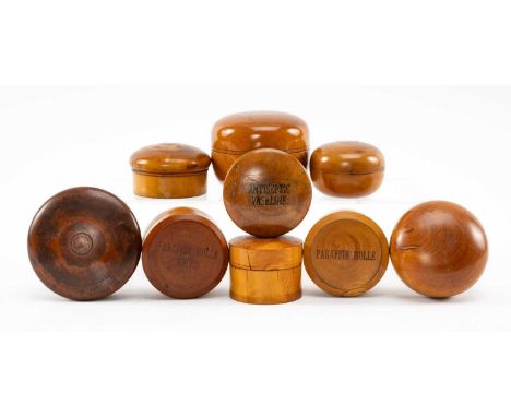 COLLECTION OF PHARMACY TREEN SALVE POTS, glass inserts in most, boxwood, some button topped, 'Paraffin Molle & Antiseptic Vas