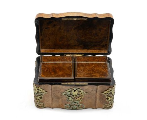 VICTORIAN BURR WALNUT TEA CADDY, top and sides applied with cut brass appliqués, lid opening to reveal two lidded containers 
