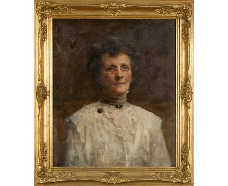 19TH C. BRITISH SCHOOL, oil on canvas - portrait of a lady in a white lace dress wearing spectacles, unsigned, 59 x 49cmsProv